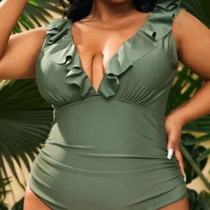 Ruffle Plus Swimsuit with V-neck front, one-piece coverage, soft ruffle trim, and plus size beachwear fit