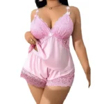 Lace Satin Sleepwear Set with deep V neckline, lace trim, and matching shorts in a plus size homewear style