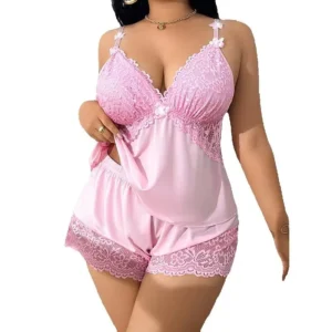 Lace Satin Sleepwear Set with deep V neckline, lace trim, and matching shorts in a plus size homewear style