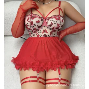 Butterfly Mesh Nightdress with sheer fabric, butterfly embroidery, ruffle hem, and plus size romantic styling