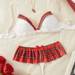 Sailor Cosplay Set with wire-free bra, plaid ruffle bottom, bow trim, and playful costume lingerie styling