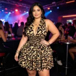 Leopard Halter Dress with plus size fit, backless neckline, empire waist, and cascading ruffle mini skirt