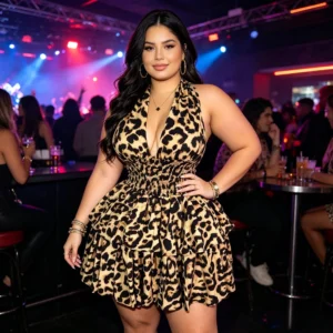 Leopard Halter Dress with plus size fit, backless neckline, empire waist, and cascading ruffle mini skirt