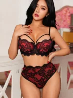 Floral Contrast Set with red-and-black lace bra, matching panty, and romantic plus size lingerie styling