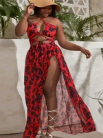 Cover Up Bikini Set with printed bikini pieces, sheer maxi cover-up, halter styling, and plus size beachwear fit