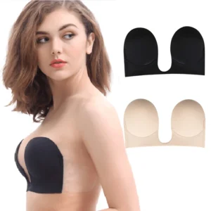 Invisible Strapless Bra with self-adhesive silicone cups, deep U shape, and smooth dress styling