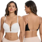 Deep U Bra with transparent straps, plunge front, wire-free support, and smooth invisible styling
