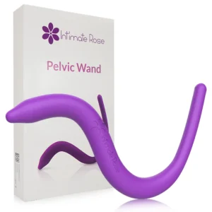 Pelvic Wand Massager with curved purple silicone body, boxed packaging, adjustable function, and discreet adult wellness design