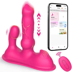 Telescopic Remote Massager with pink silicone body, 10 thrusting and vibration modes, app control, and USB power