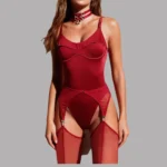 Plunge Stocking Bodysuit with fitted solid color design, plunge neckline, chiffon panels, and stocking-inspired detail