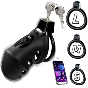 App Control Cage with medical silicone body, locking keys, app control display, and three ring size options