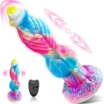 Fantasy Remote Massager with silicone body, remote control, suction cup base, vibration button, and thrusting button