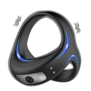 Vibrating Ring Massager with medical silicone body, compact black ring shape, button detail, and charging cable