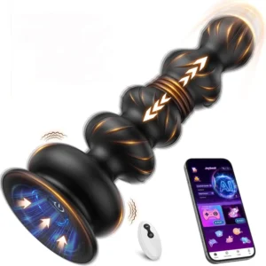 Beaded Plug Massager with silicone body, suction cup base, remote control function, and discreet adult wellness design