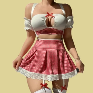 Gingham Costume Set with red check print, white top, lace trim, bow accents, and garter-style details