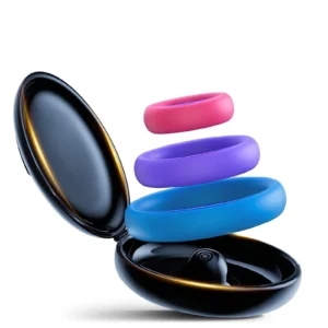 Silicone Ring Set with 3 medical silicone rings, protective black storage box, different sizes, and discreet adult wellness design