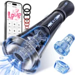 Transparent Cup Massager with electric suction, app remote control, silicone sleeve, transparent measuring cup, and discreet adult wellness design