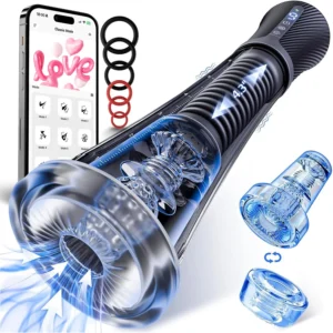 Transparent Cup Massager with electric suction, app remote control, silicone sleeve, transparent measuring cup, and discreet adult wellness design