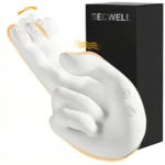 Heated Finger Massager with 10 modes, 42°C heating, white silicone body, thumb vibration, and discreet adult wellness design