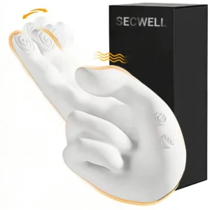 Heated Finger Massager with 10 modes, 42°C heating, white silicone body, thumb vibration, and discreet adult wellness design