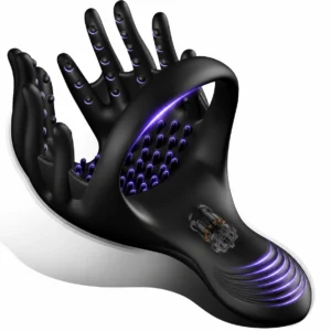 Perineum Ring Massager with 10 vibration modes, black medical silicone body, wearable ring design, and discreet adult wellness styling