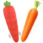 Carrot Vibrator with orange-red silicone body, green decorative top, dual buttons, and 2-in-1 suction and vibration design